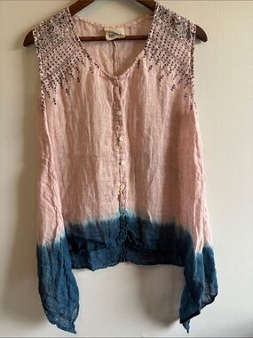 Masala 100% Linen Pink Blue Dip Dye Handkerchief Hem Tunic XL
